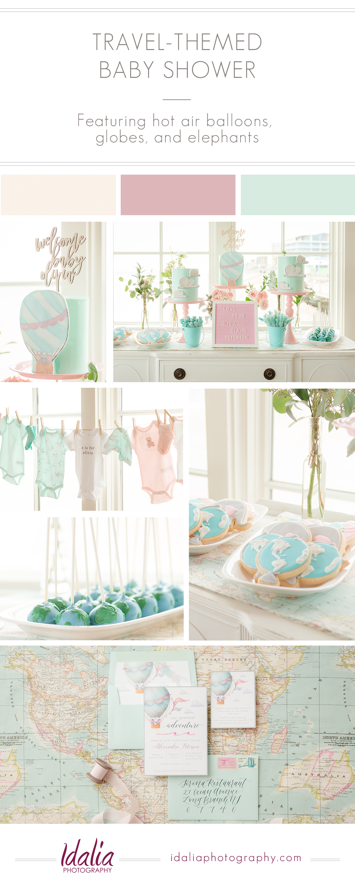 Travel-themed baby shower in turquoise and mauve