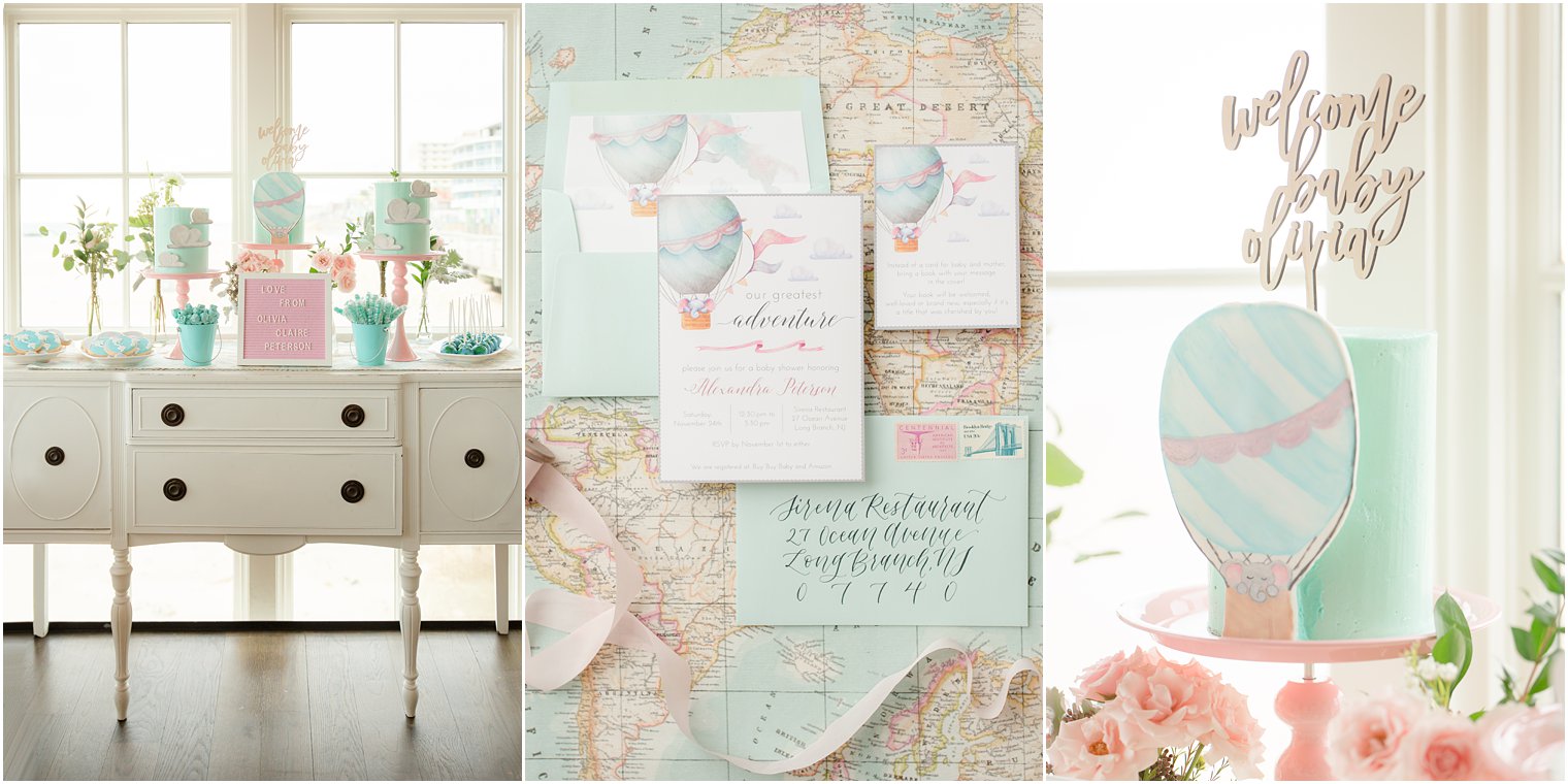 Travel-themed baby shower in mauve and turquoise